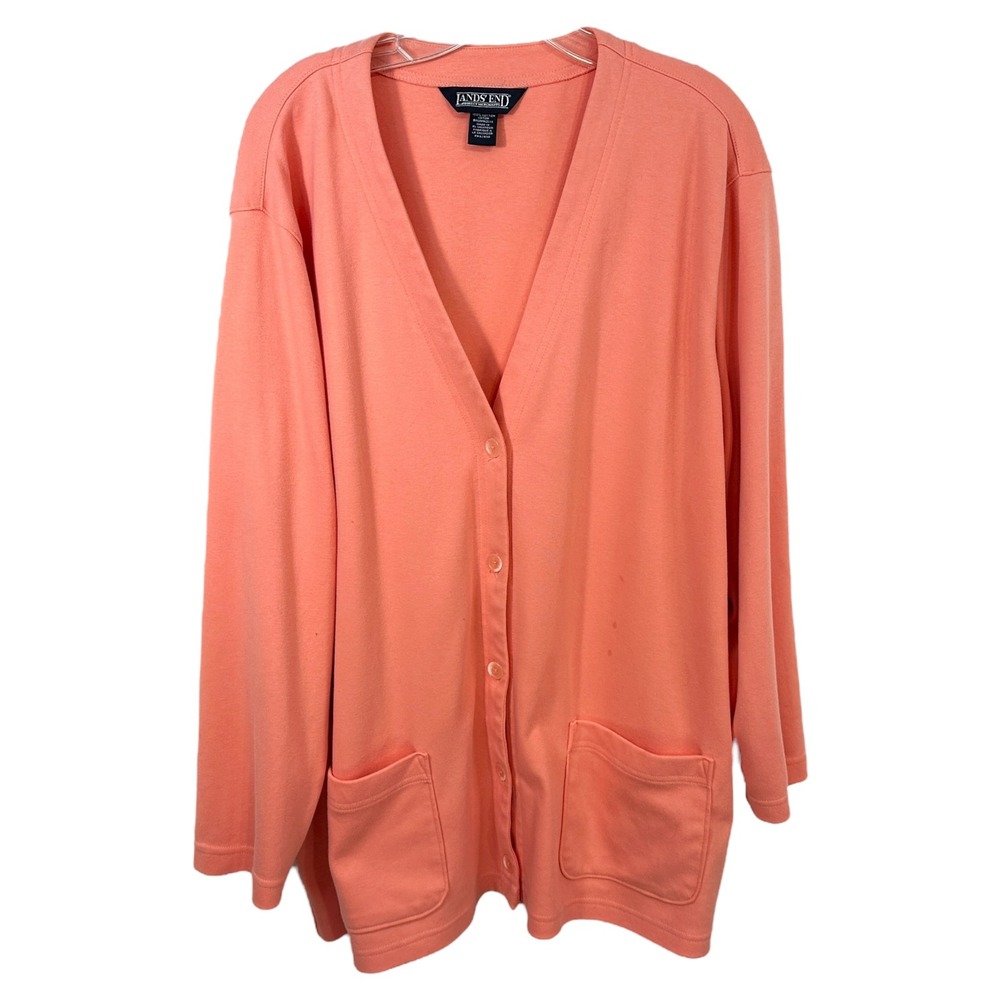Lands' End Plus Size 2X Sweater Peach‎ Pink Cardigan Top Long Sleeve Button 966